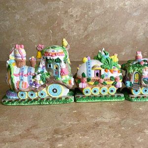 Bunny Towne Train Hand Painted Porcelain Vintage EUC Easter/Spring Decor